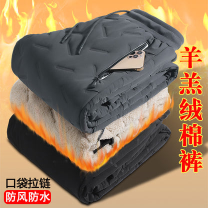 Sheep down down cotton pants for men's winter outerwear plus velvet thickened casual pants for men's winter snow windproof warm pants